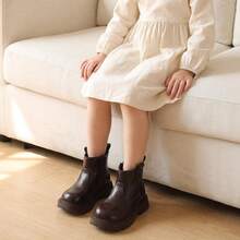 1 Pair 2026 New Children's Minimalist Solid Color Ankle Boots, Side Zipper Thick Sole Design, Retro Versatile Style, Suitable For Daily Wear And School Outfits - Brown - View 7