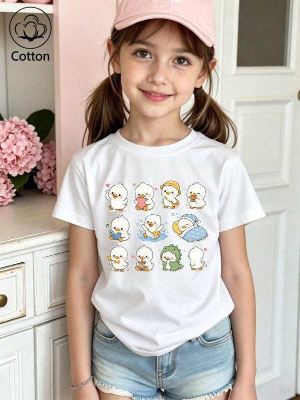 Summer/Autumn Cotton Short-Sleeved T-Shirt For Girls, Featuring A Cute Japanese-Style Cartoon Yellow Duck Print, In A Sweet And Charming Style