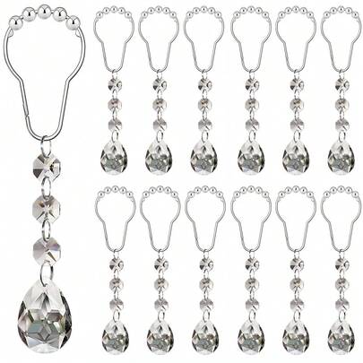 12PCS Gemstone Crystal Bead Shower Curtain Hooks Rings For Bathroom, Water Drop Stainless Steel Rust Resistant Clear Shower Curtain Rings Bathroom Decorations