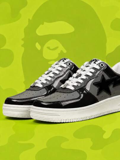 Sepatu Skate Low-Top Unisex BAPE STA, Sepatu Training Sol Tebal Colorblock Hitam & Abu-abu A BATHING APE, Sepatu Kasual Jalanan untuk Pasangan, Sepatu untuk Pemakaian Sehari-hari