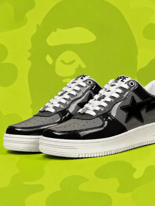 BAPE STA Unisex Low-Top Skate Sneakers A BATHING APE Black & Grey Colorblock Thick Sole Training Shoes Couple Street Casual Daily Wear Shoes