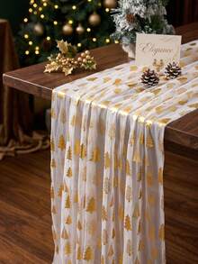 1pc Gold Christmas Tree Pattern Table Runner, Christmas Mesh Table Runner, Christmas Table Decoration, Home Decor, Kitchen Decor, Christmas Tablecloth Decoration, Christmas Party Supplies, Christmas Decoration Supplies, Christmas Baby Shower Decoration - Christmas Tree - View 2