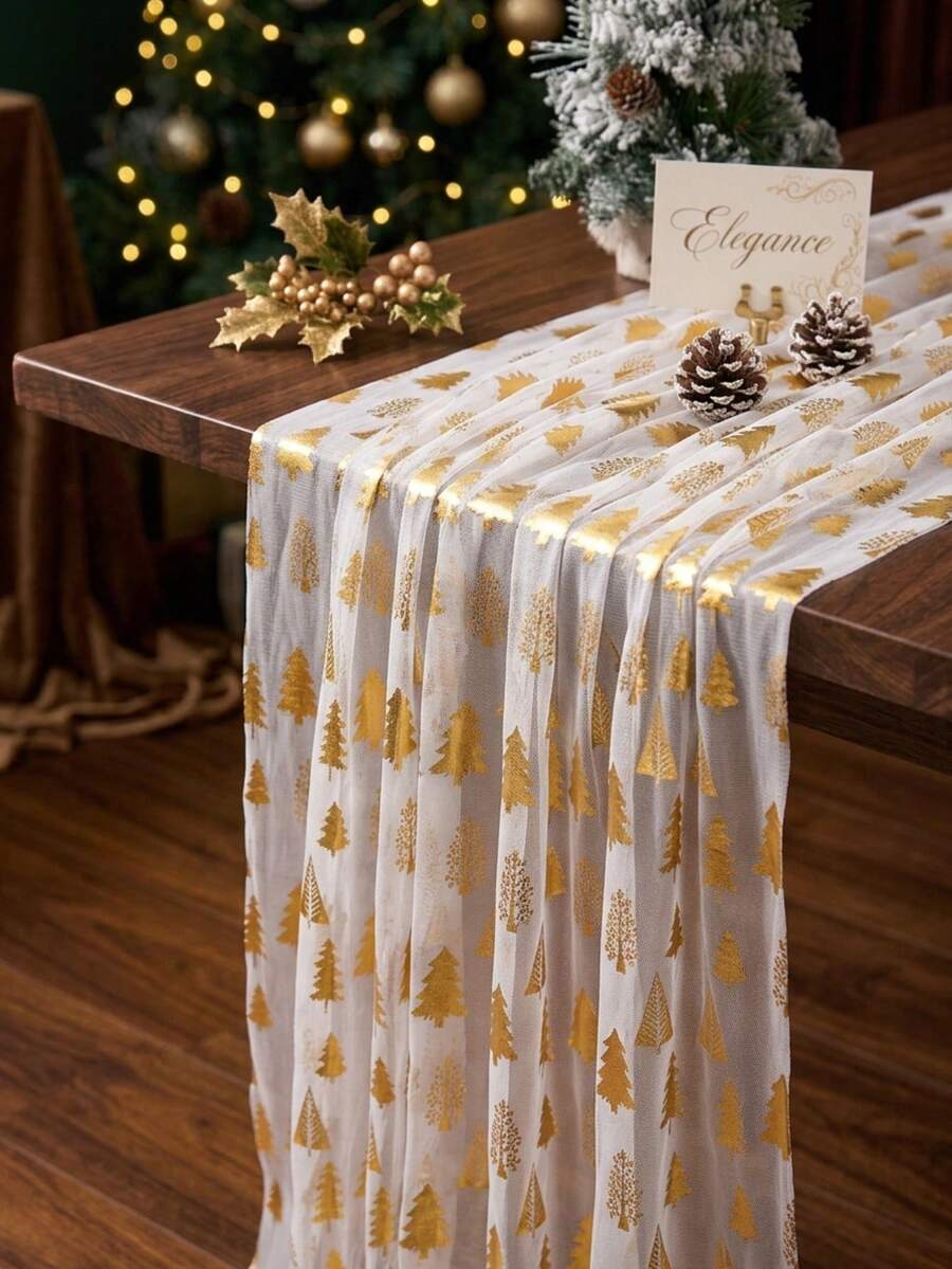 1pc Gold Christmas Tree Pattern Table Runner, Christmas Mesh Table Runner, Christmas Table Decoration, Home Decor, Kitchen Decor, Christmas Tablecloth Decoration, Christmas Party Supplies, Christmas Decoration Supplies, Christmas Baby Shower Decoration