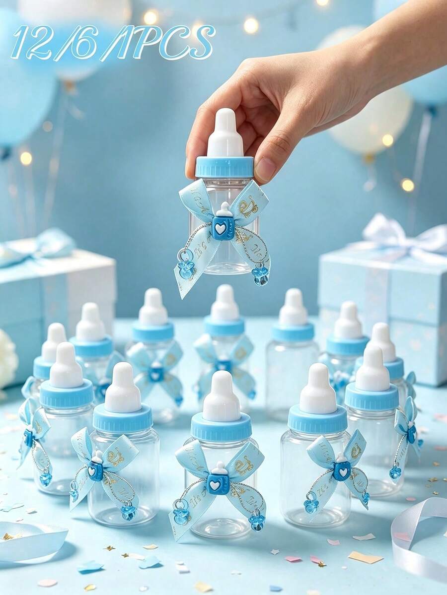 12/6/1 Stück - Schleifenband-Schnuller-Anhänger-Stil 3,5 Zoll Mini-Babyflaschen-förmige Kunststoffbox, Kunststoff-Babyflaschen-Aufbewahrungsbox mit Schleifen-Herz-Flaschenaufkleber und Schnuller-Anhänger DIY-Geschenk, geeignet für Babyparty-Dekoration, englische Taufe Partygeschenk, geschlechtsneutrale Babyparty-Dekoration, Gender-Reveal-Party-Dekoration kleines Geschenk, Gastgeschenk, Babyparty-Geschenk, Hochzeit, Geburtstag, Valentinstag, Geburtstagsparty-Zubehör (Blau) - Blau - Übersicht 1