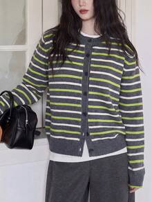 Women's Casual Minimalist Striped Design Round Neck Cardigan Knit Sweater Jacket, Autumn/Winter Fall - Grey - View 1