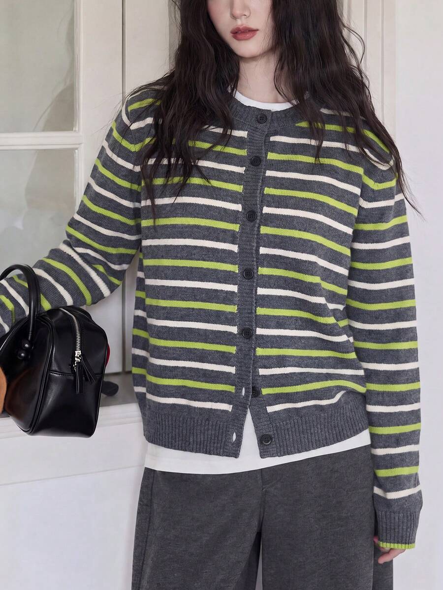 Women's Casual Minimalist Striped Design Round Neck Cardigan Knit Sweater Jacket, Autumn/Winter Fall - Grey - View 1