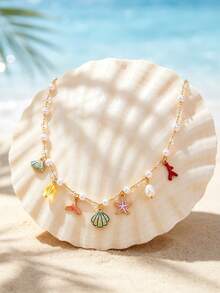 1pc Starfish Shell Faux Pearl Coral Pendant Necklace, Bohemian Style Beaded Shell Collar Necklace - Multicolor - View 3