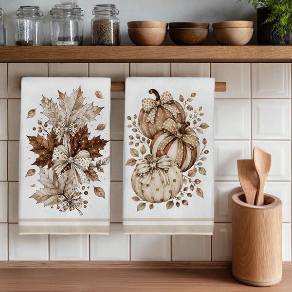 2PCS Kitchen Towels Polka Dot Bow Pumpkin Maple Leaf Print 40*60cm Vintage Style Rectangular Microfiber Kitchen Towels, Dish Cloths, Tablecloths, Hand Towels, Kitchen Decor, Home Decor, Housewarming Gifts For Neighbors, Perfect For Kitchen And Bathroom Use, Suitable For Housewives And Family Gatherings, High Cost-Performance, Household Essential