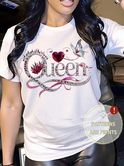 Women's Round Neck Short Sleeve, Fashion "Queen" Butterfly Print T-Shirt, Casual Graphic Tee
