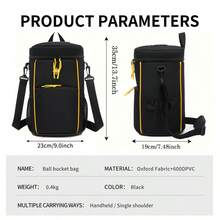 Portable Tennis Bucket Bag, Lunch Tote & Crossbody Storage, Quick Flip Lid, Front Zip Pocket, Mesh Side Pockets, Adjustable Strap, Self-Standing Base. Durable Nylon, Black/Yellow. For Outdoor Sports & Commuting. - Black - View 8