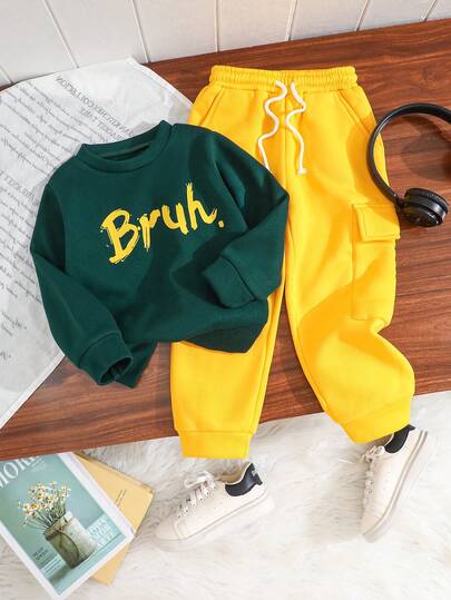 Boys Casual Sports Comfortable Warm "BRUH" Letter Print Long Sleeve Sweatshirt + Pants 2 Pieces Set, Autumn/Winter