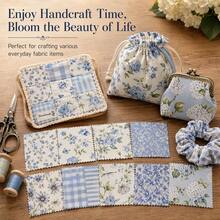 14/28pcs Blue Quilted Fabric, 25cm X 25cm Blue Fabric Squares Vintage Pre-Cut Quilt Kit With Floral And Striped Print Patterns, For DIY Crafts - Variant - View 4
