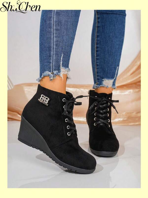 1 Pair Fashion Rhinestone Letter Black Boots, Wedge Heel Lace-Up Side Zipper Short Boots, Women's Autumn Daily Casual Street Shoes