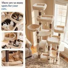 Cat Tree, 72.8" Tower With Sisal Scratching Posts, Extended Base, 5 Plush Platforms, Large Condo, 2 Spacious Hammocks, Tall Furniture For Multiple Adult Cats, Beige And Brown MPJ074MJ - Beige and Brown - View 5