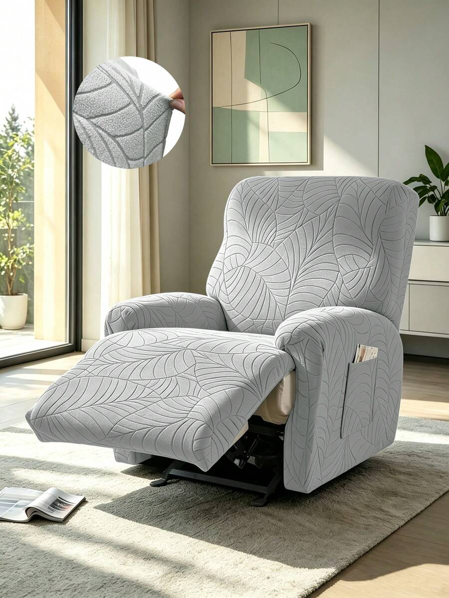 Leaf Jacquard Recliner Chair Cover, Stretch All Inclusive Lazy Boy Recliner Slipcover With Side Storage Pocket, Washable Anti Slip Single Recliner Sofa Protector,Pet Scratch PreventionFor Living Room Home Decor. - Light Grey - View 1