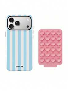 GIIPPA 1件淺藍色垂直條紋圖案設計手機殼，適用於Phone 17 Pro Max，附粉色吸盤，兼容Phone 16 Pro Max、15 Pro Max、14 Pro Max，韓式高端時尚趣味手機殼，兼容11/12/13/14/15/16 Pro Max Plus，優雅設計男女皆宜，適合送給女友的聖誕節、情人節、復活節、婚禮季與生日禮物 - 淺藍色 - 查看 3
