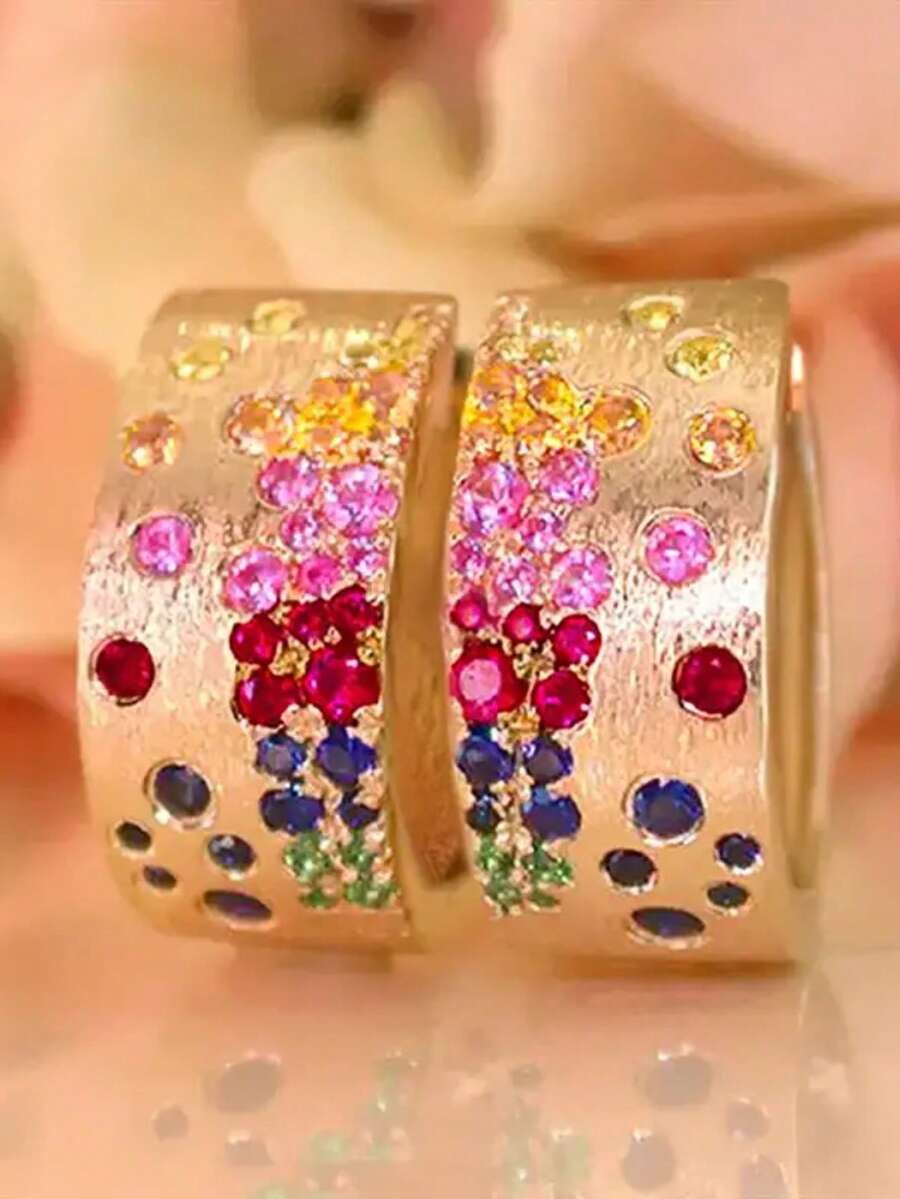 Tsnamer Huitan Women's Hoop Earrings, Gold Luxury Accessory, Suitable For Weddings And Parties, Fashionable Inlaid With Bright Colorful CZ Crystals, Exquisite Jewelry Gift - earrings - View 1