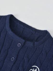 Women's Autumn/Winter Cable Knit Cardigan, Round Neck Classic Embroidered Soft Wool Sweater Jacket, Crop Top - Royal Blue - View 6