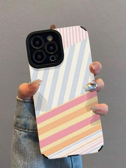1pc New Fashion Minimalist Striped Patchwork Pattern Shockproof Leather Phone Case, Essential Daily Protection, Style, Perfect Gift For Friends And Family, For IPhone17/17Air/17Pro/17ProMax/IPhone16/16Plus/16Pro/16ProMax/IPhone15/15Plus/15Pro/15ProMax/IPhone14/14Plus/14Pro/14ProMax/IPhone13/13Pro/13ProMax/IPhone12/12Pro/12ProMax/IPhone11/IPhone11Pro/11ProMax