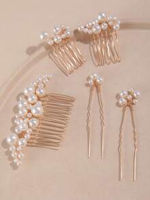 5 Packs Faux Pearl Bead Simple And Fashionable Hair Comb And Hairpin Combination, Daily Hair Decoration, Wedding, Party Hair Accessories - Gold - View 5