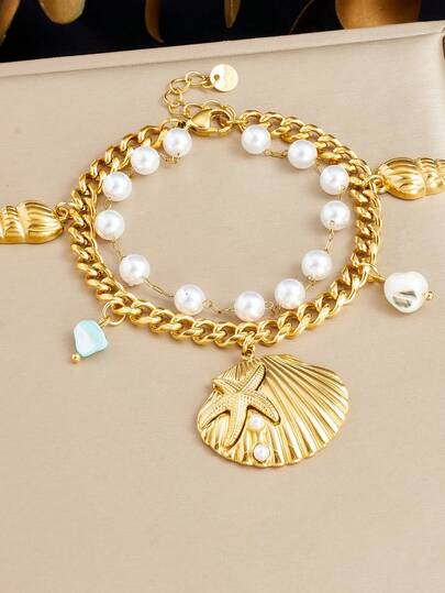 1 pieza Pulsera de acero inoxidable chapada en oro hecha a mano con estilo de vacaciones en la playa, con concha, estrella de mar y cadena de perlas apilada de doble capa