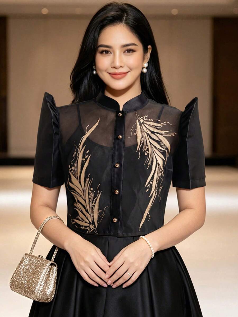 Terno 現代菲律賓風女式上衣,蝴蝶袖菲律賓風,1件女裝立領開襟衫,印花泡泡袖,春/夏 - 黑色 - 查看 1