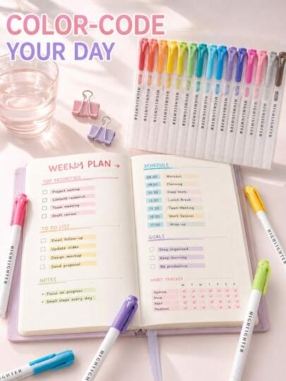 15pcs/1set Soft Multicolor Dual-Tip Fluorescent Markers, 17*14cm Portable Set, Fresh Macaron Low-Saturation Color Design, Dual-Tip Fiber Nib, Thick And Fine Tip Options, Dual-Use, Quick-Drying And Vibrant, Suitable For Coloring, Highlighting, Highlighting Effects, Note Categorization, Textbook Highlighting, Journal Decoration, Coloring Painting, Artistic Creation And Office Document Marking