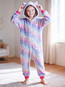 Tween Girl Purple Starry Sky Cat Ear One-Piece Loungewear - Multicolor - View 3