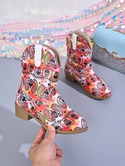 Girls' White Sequin Butterfly Hollow Out Western Cowboy Boots, Rainbow Embroidery Chunky Heel Mid-Calf Princess Ankle Boots, Children's Performance Runway Fashion Boots
