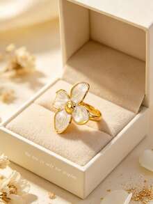 1 buah Cincin Tunggal Wanita Elegan Bergaya Stainless Steel dengan Motif Daun Semanggi, Cocok untuk Kencan/Liburan - Yellow Gold - View 11