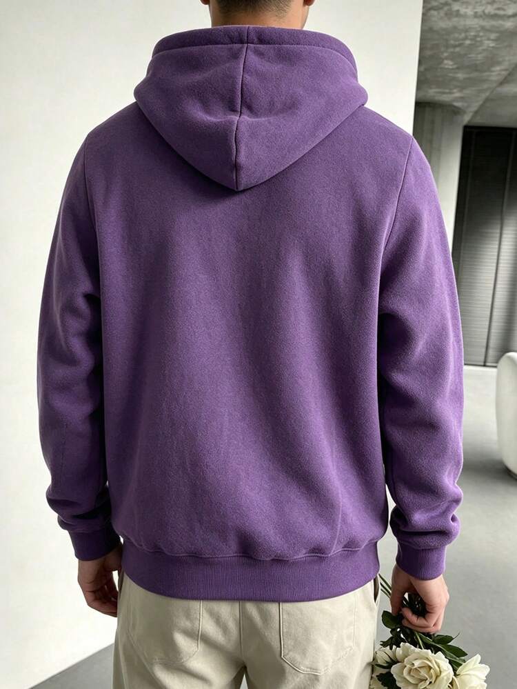 Striville Sweatshirt Hoodie Pria Warna Solid Tebal untuk Musim Semi/Gugur, Potongan Longgar, Minimalis, Serbaguna, Atasan Kasual - Purple - View 3