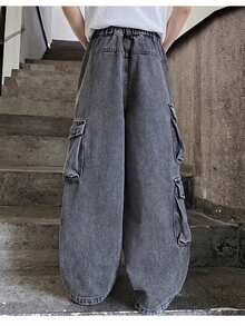Celana Jeans Denim Anak Laki-Laki, Model Baru Musim Semi/Gugur 2026, Celana Kargo Kasual Potongan Lurus untuk Anak-Anak Ukuran Sedang hingga Besar - Dark Grey - View 5