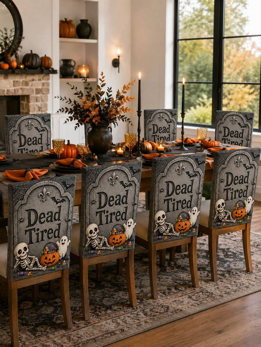 1 buah/4 buah/6 buah Sarung Sandaran Kursi Halloween Abu-abu, Sarung Kursi Makan Poliester Gaya Gotik Lucu dengan Motif Tengkorak, Batu Nisan, Hantu, , Permen, Kelelawar, dan Jaring Laba-laba untuk Dapur, Ruang Makan, Pesta, Rumah Hantu, dan Dekorasi Rumah Musim Gugur - B - View 1