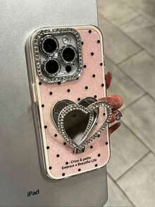 1 pieza Funda de teléfono con lunares de strass, compatible con iPhone 17 16 15 Pro Max 14 Plus 12 13 11 Air, con protección de cámara, carcasa protectora de acrílico brillante y colorido - Rosa + soporte - Ver 3