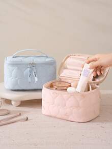 Large-Capacity Cosmetic Bag,Multi-Compartment,Lightweight Quilted Makeup Bag Organized For Toiletries,Cosmetics,Makeup Brushes,Skincare,Medication,Etc,Bow Embroidery Sweet Style Multifunctional Storage Bag For Gift,For Home,Travel,Vacation,School Use - Multicolor - View 8