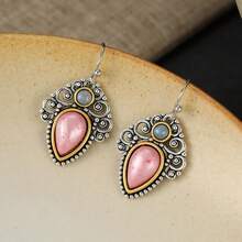 DIYCCPC Elegant Fashion Pattern Engraved Pink & Blue Bead Water Drop Hollow Pendant Earrings, Suitable For Daily Wear Jewelry - Multicolor - View 7