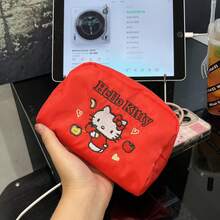 SANRIO 1pc Red Embroidered Hello Kitty Polka Dot Bow Decor Waterproof Nylon Large Capacity Zipper Cute Cartoon Girl Style Makeup Bag - Multicolor - View 12