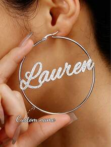 70mm Round Hoop Earrings Customized Name Earrings, Fashionable Personalized Bohemian Style Stainless Steel Gold Cursive Letter Handmade Exaggerated Hoop Earrings, Party Jewelry Birthday Holiday Gift For Her, Christmas Present - Silver-sandblasting - View 1
