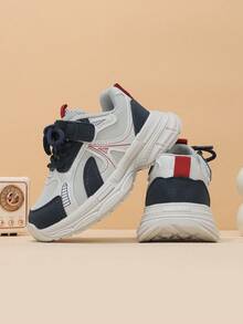 Sepatu Sneakers Chunky Anak-Anak Warna Abu-abu Muda, Biru Tua, dan Merah dengan Desain Blok Warna dan Perekat, Sepatu Anak-Anak Minimalis Cocok untuk Perjalanan Sepanjang Musim dan Pemakaian Sehari-hari - Navy Blue - View 8