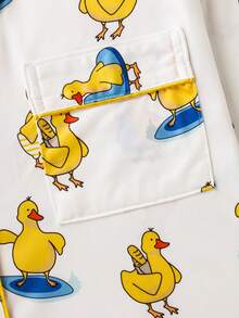Women's 2-Piece Satin Pajama Set, Cute Cartoon Duck Print, Lapel Long Sleeve Top And Elastic Waist Pants, Soft And Silky Loungewear - Yellow - View 4