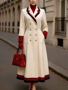 Women's Elegant Lapel Long Sleeve Double-Breasted Fashion Casual Jacket, Spring/Autumn - Champagne - View 3