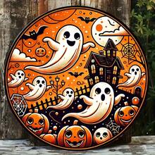2D Flat Vintage Halloween Iron Wall Decor 8x8 Inch Decorative Plaque, With Cute Ghost, Pumpkin And Haunted House Patterns, Suitable For Home, Cafe, Bar, Office And Club Use, Pre-Drilled Holes, Style As Shown In Size Chart - Multicolor - View 4