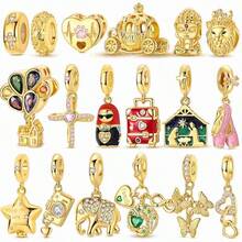 1 pieza Juego de colgantes con múltiples temas chapados en oro de 18K que incluye cruz, huella de pata, corazón, calabaza, carruaje, Buda, león, casa, matrioska, viaje, zapatillas de ballet, estrella, cámara, elefante, árbol de la vida, mariposa, corazón entrelazado, cuentas, adecuado para pulsera de 3mm, collar, fabricación de joyas, cuentas espaciadoras apilables, compatible con pulsera de cadena de serpiente DIY, regalo para mujeres y niñas - Dorado - Ver 13