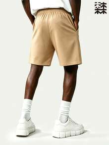 Mulinsen Men's Drawstring Elastic High Waist Straight Leg Bermuda Shorts, Solid Color Minimalist Casual Sports Shorts, Loose Fit Mid-Length Pants - Khaki - View 4