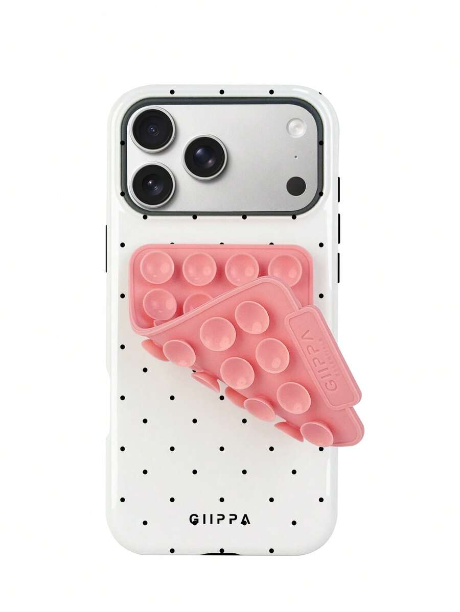 GIIPPA 1pc White Base With Black Polka Dot Pattern Phone Case + Pink Suction Cup, Phone 17 Pro Max Phone Case, Compatible With Phone 16 Pro Max, 15 Pro Max, 14 Pro Max, Korean Style High-End Fashionable And Fun Phone Case, Compatible With 11/12/13/14/15/16 Pro Max Plus, Elegant Design Suitable For Men And Women, Perfect Gift For Girlfriend! - White - View 1