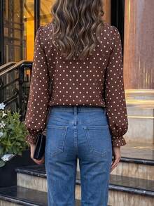 Women's Polka Dot Pleated Casual Versatile Daily Wear Top - Brown - View 7