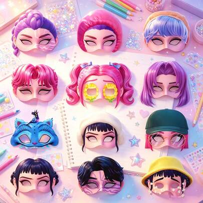 KPop Demon Hunters 3 piezas/12 piezas Máscaras faciales con tema de ídolos D-Emon Hunters, hechas de tela suave y amigable con la piel, impresas con el patrón de dibujos animados del personaje popular Rumi, mercancía de fans de estilo dulce INS. Tela ligera y transpirable, cómoda y fresca para uso prolongado, sin apretar, adecuada para apoyo en conciertos y reuniones de fans presenciales