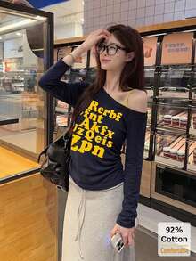 2026 New Letter Print Asymmetric Shoulder Design Women's Short Sleeve T-Shirt, Slim Fit Draped Style, Versatile Autumn Casual Top - Navy - View 3