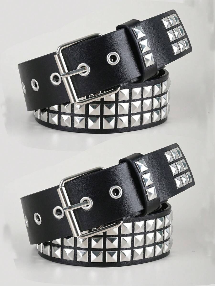 2pcs Vintage Rivet Belt Solid Color Punk Belt - 2pcs Black - View 1