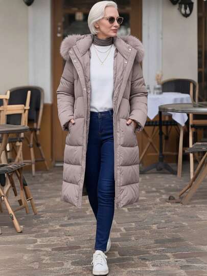 Chaqueta con capucha casual con bolsillos para mujeres de mediana edad y mayores, abrigo largo acolchado ligero con forro de piel sintética, atuendo diario de otoño e invierno